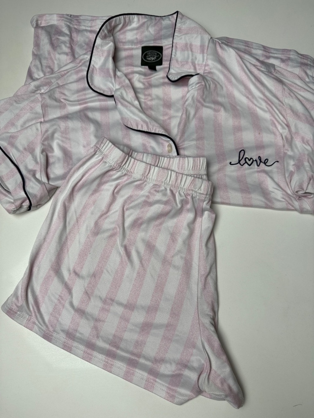 Laura Ashley Pink and White Striped Short Pajama Set with Black Piping